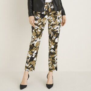 Chico's White & Olive Green Floral Camo Satin Belted Cargo Ankle Pants Sz S TALL